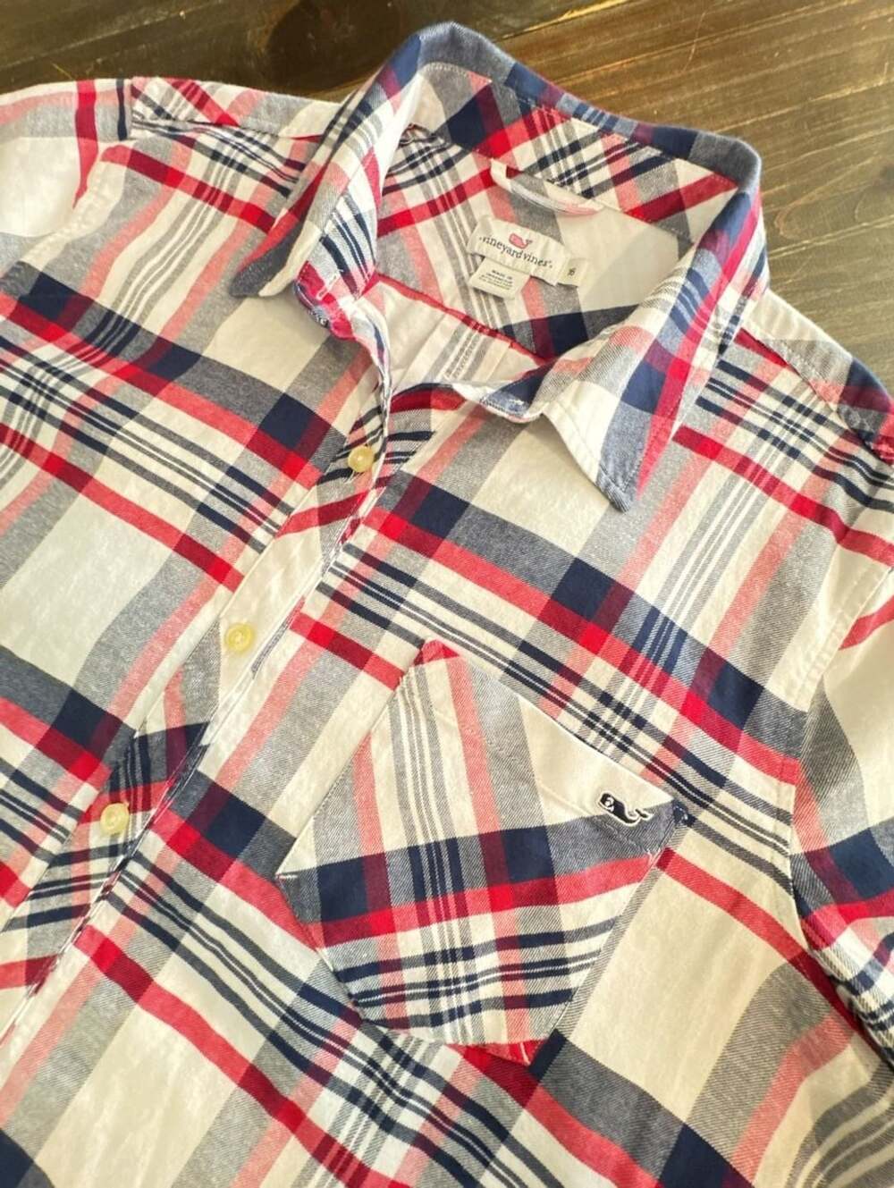 Women’s Vineyard Vines Plaid Button Down Shirt Size 16 Red Blue Long Sleeve
